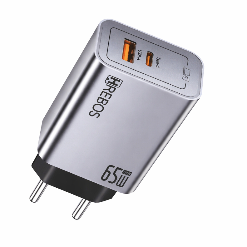 Carregador 65W Hrebos Maxion Charge USB-C USB-A Carregamento Rápido Smartphones Tablets Notebooks CRG-229 Branco GAN