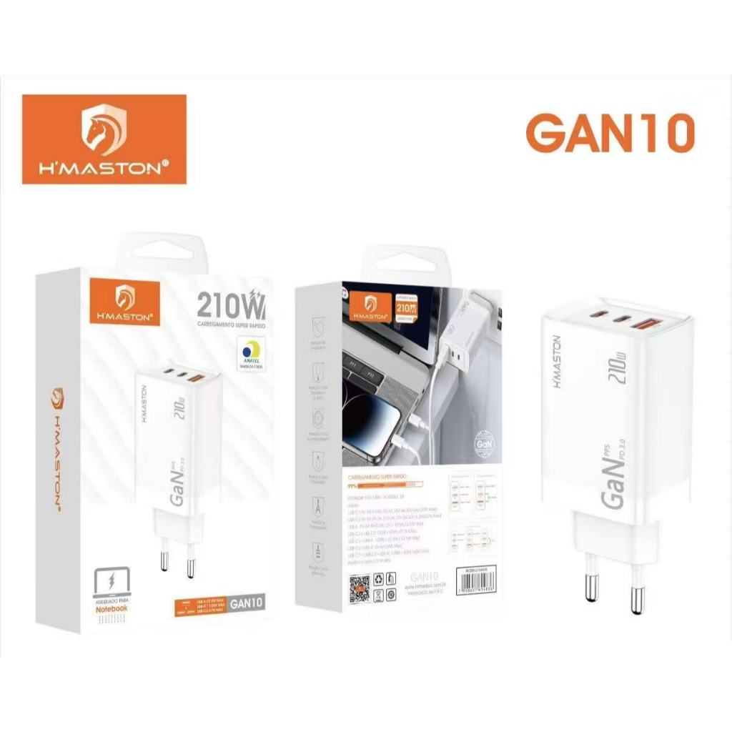 Carregador Turbo GAN H'maston GAN10 210W 2 Usb-C+Usb-A/GAN11 120w Usb-c + Usb-A