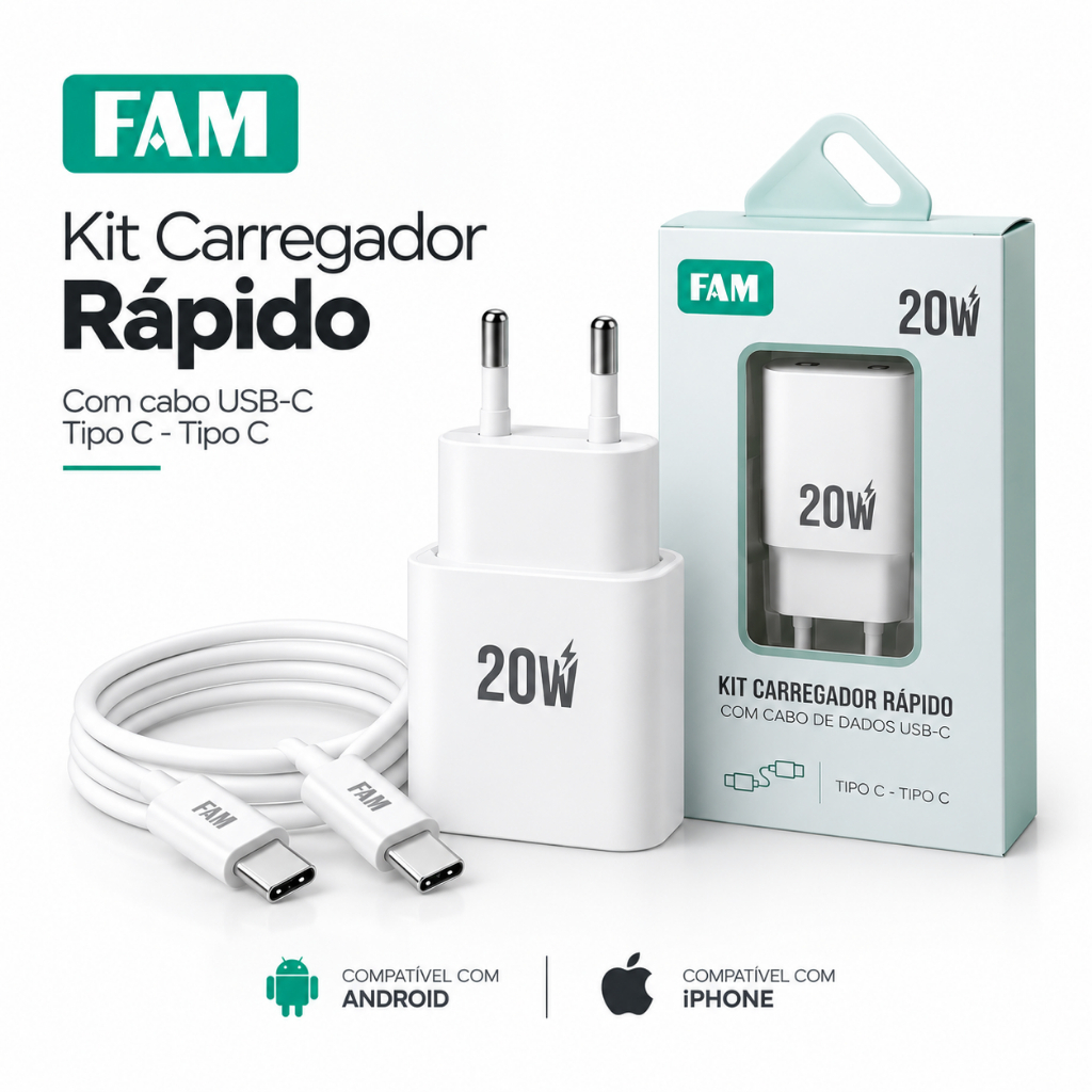 Carregador Rápido FAM 20W GaN PD USB-C Tipo C Compacto