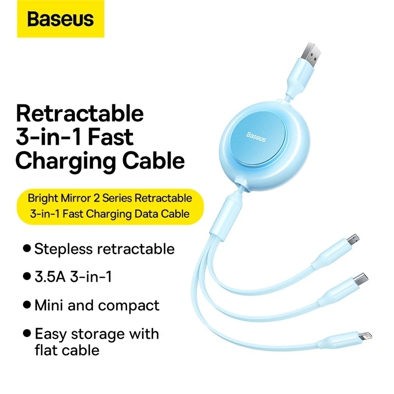 Cabo Baseus 3.5A Retractable 3 in 1 USB to M+L+C Fast Charging Data Cable