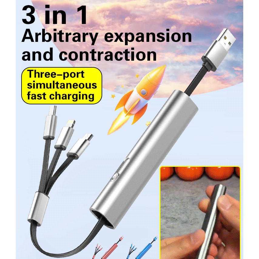 [3-in-1 Design] One tow three metal fast charging threeinone retractable data cable/Data Cable/Retractable Cable/Fast Ch