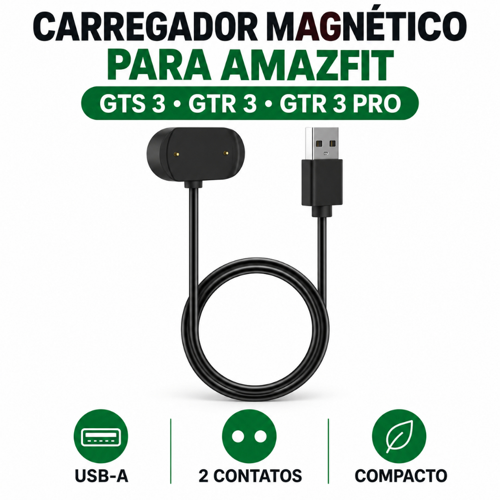 Cabo Carregador Magnético USB para Amazfit GTS 3 GTR 3 e GTR 3 Pro 2 Contatos