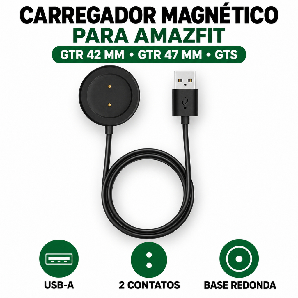 Cabo Carregador Magnético USB para Amazfit GTR 42mm 47mm e GTS Base Redonda 2 Pinos
