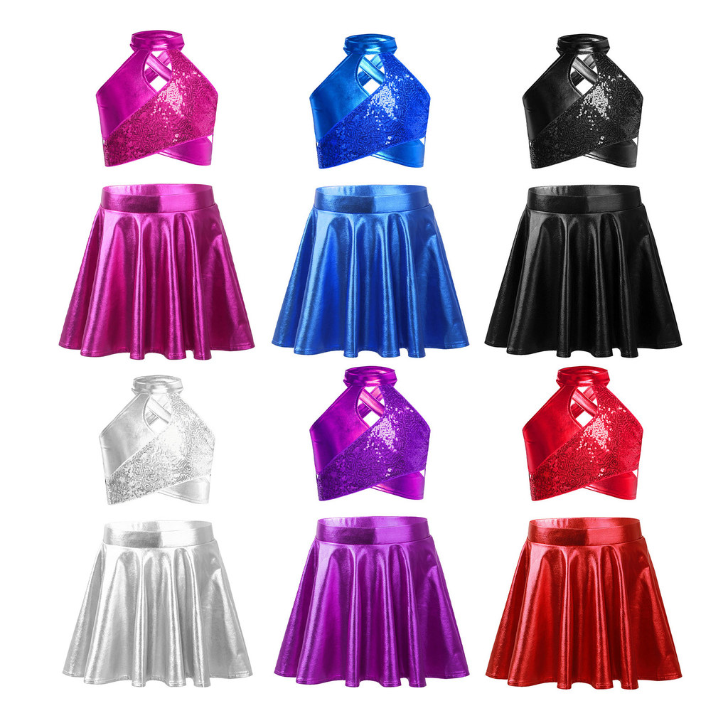 inhzoy Kids Girls Jazz Dance Performance Costume Cross Keyhole Sparkly Sequins Metallic Crop Top with Shiny A-Line Skirt