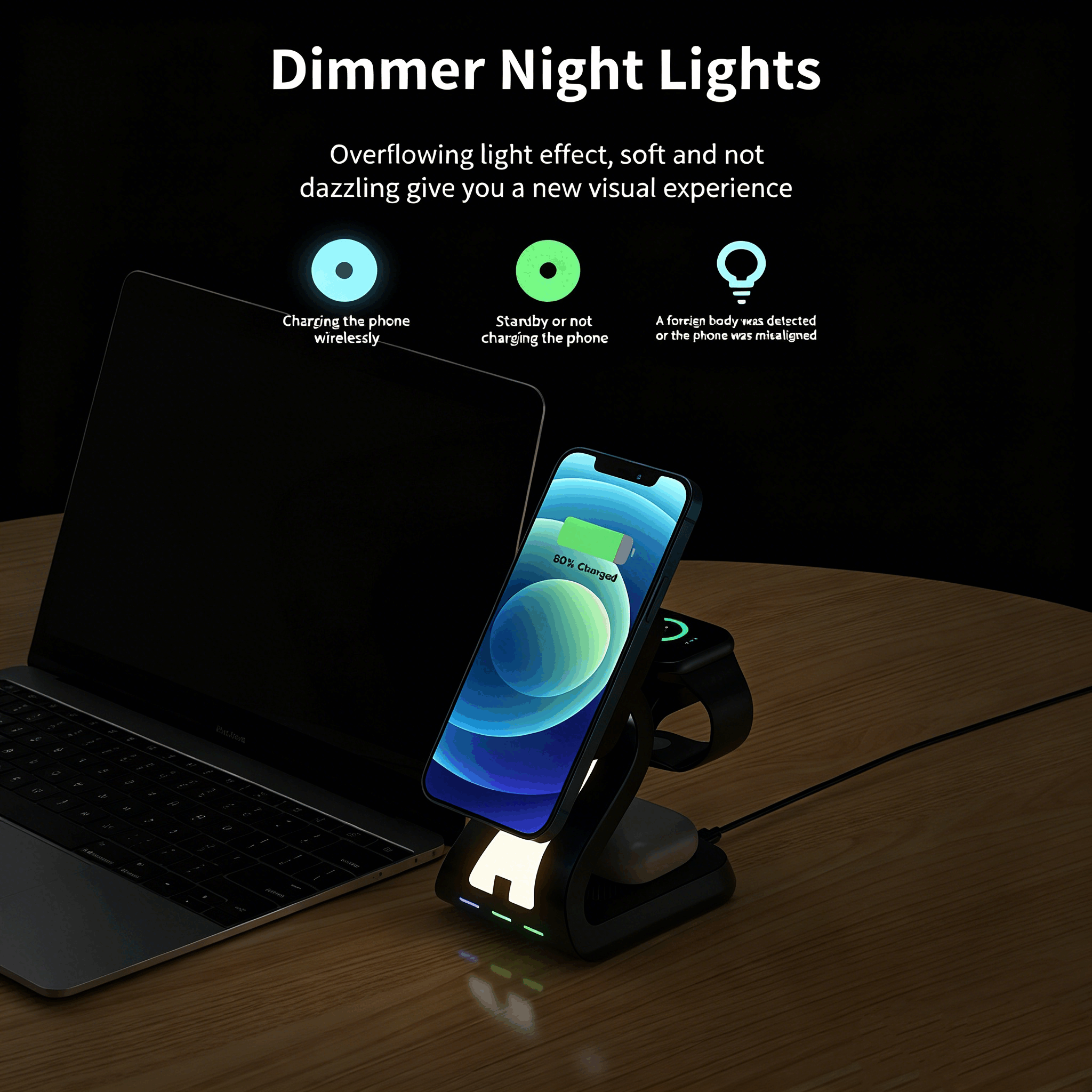 Estação de Carregamento Sem Fio 3 em 1 All-in-One, Carregador Rápido Magnético 15W com Luz Noturna Touch para iPhone
