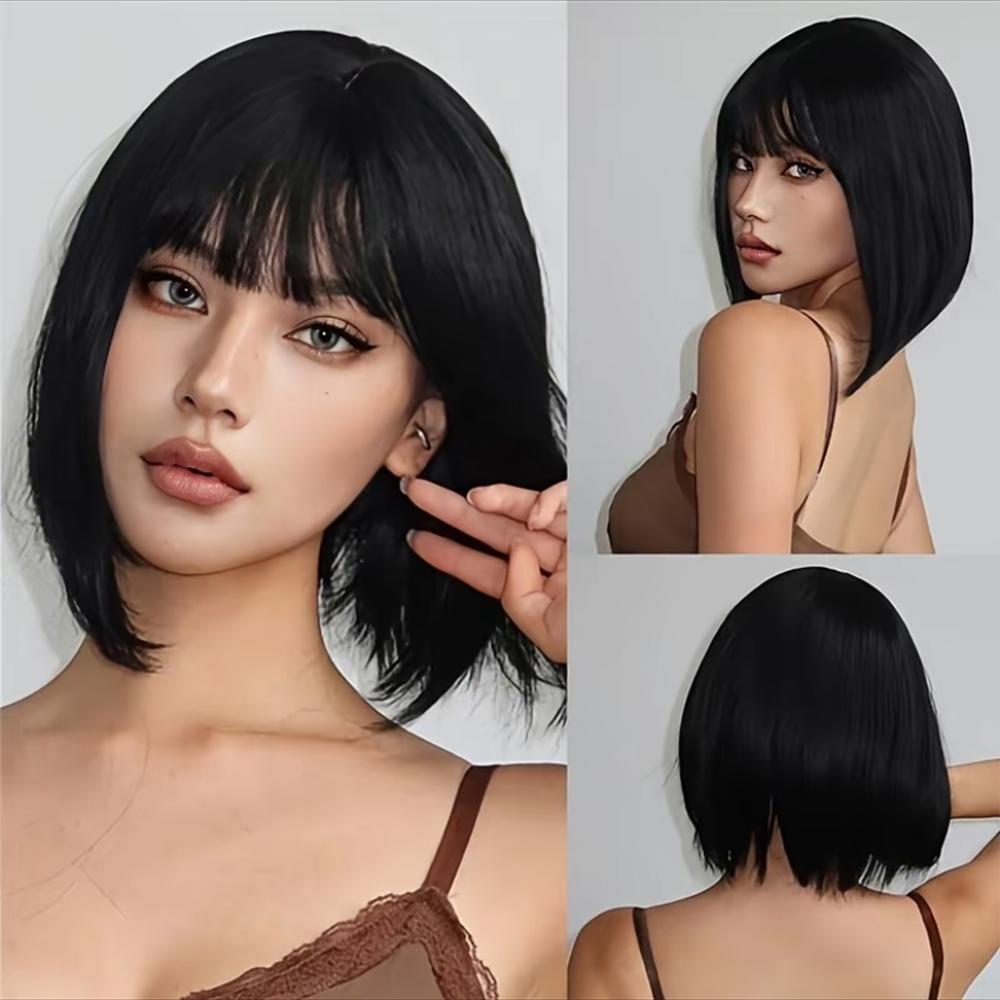 Peruca BOB WIG Com Franja  Preto Natural Straight 30cm Cabelo Humano