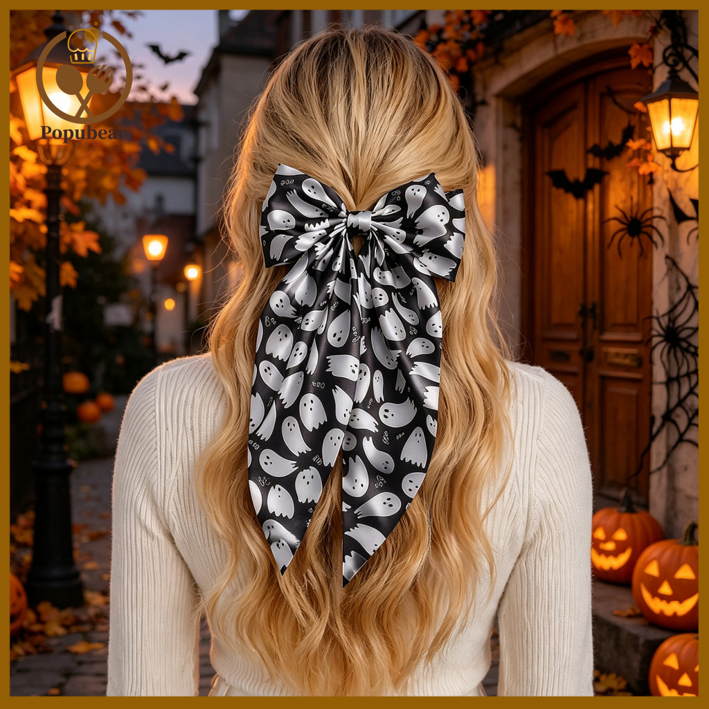 Pumpkin Head Hair Clip Halloween Satin Bows for Women Girls – Ribbon Clips with Long Tails Cute Ghost Bat Spider Web f