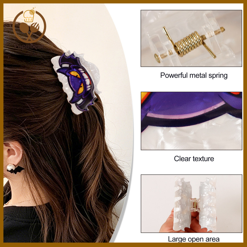 Bat Design Hair Claw Back Head Clip for Women Reinforced Shark with Elastic Base Halloween Skull Pumpkin Pattern Accesso