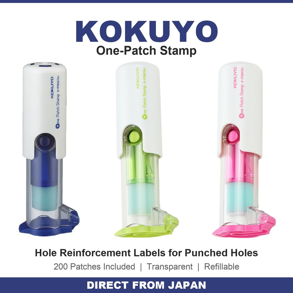 KOKUYO One-Patch Stamp TA-PSM10 | Hole Reinforcement Label Dispenser | 200 Patches | Blue Green Pink | DIRECT FROM JAPAN