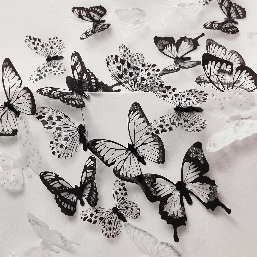 HZMM 72 Pcs 3D Butterfly Wall Stickers, Waterproof PVC, Black & White, Removable Paper Decals with Sticky Dots for Windo