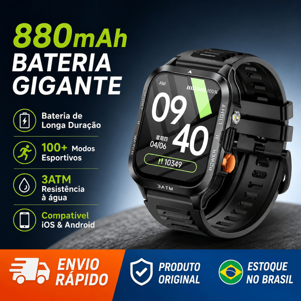 smartwatch H08 : tela grande, monitor cardíaco/saúde, 100+ modos esportivos, 3ATM, longa bateria, profissional