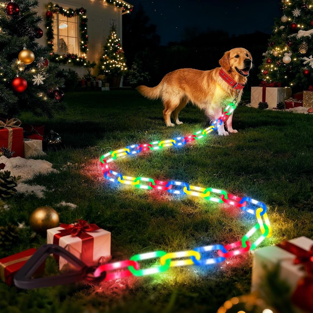 Joomer 6FT Light-Up Dog Leash for Night Walking, 60 LED Battery Operated Dog Chain Lights with 8 Modes & Timer, Glow Lea