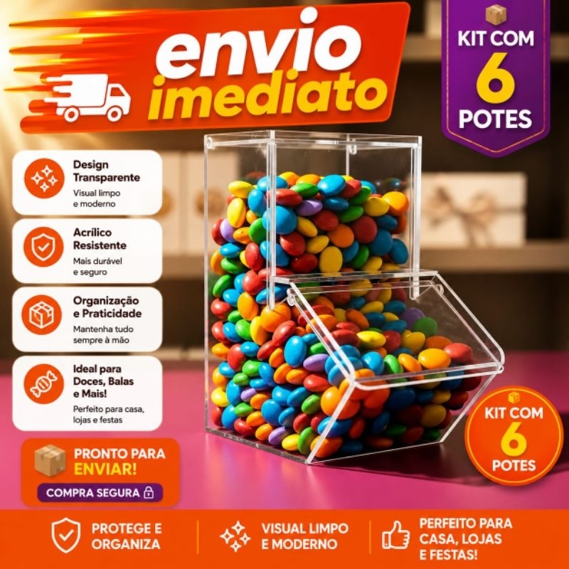 6 Potes de acrílico para complemento de açaí, sorveteria, estação de doces, self service, quiosques (mini expositor)