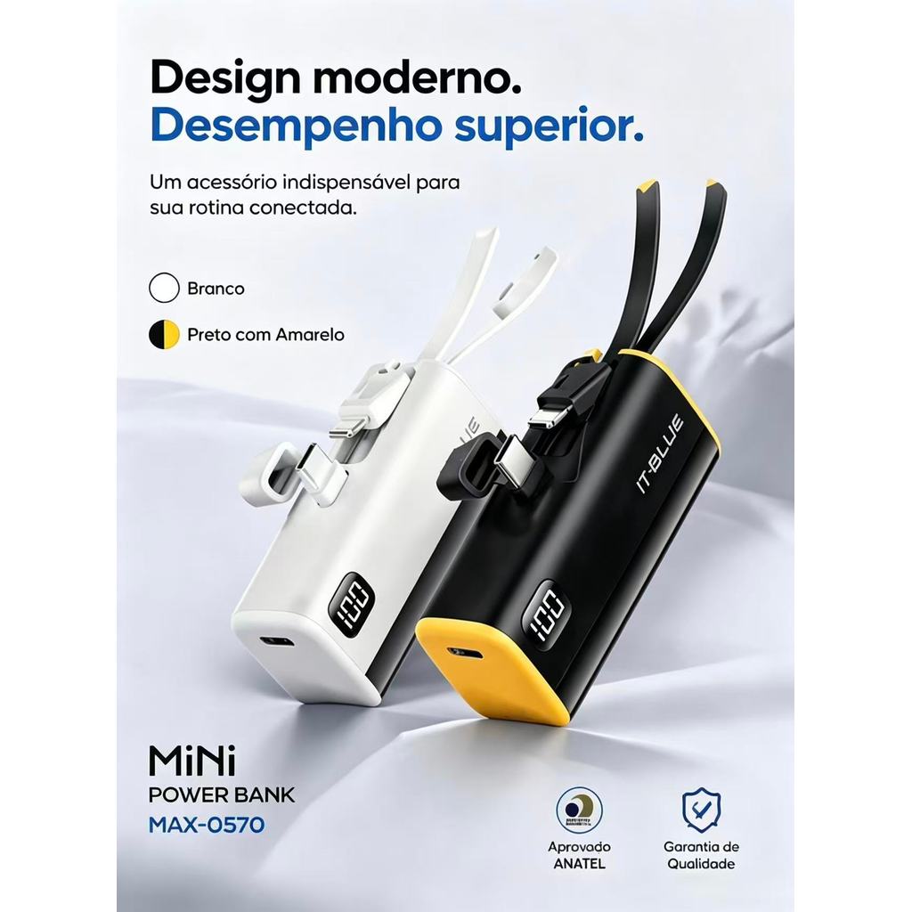 Mini Power Bank 5000mAh IT-Blue MAX-0570 com Cabo Integrado e Display LED – Carregamento Rápido e Portátil