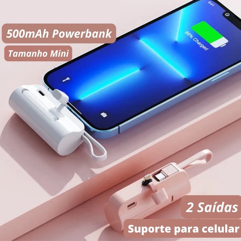 Carregador Mini Power Bank 5000mAh Bateria Auxiliar Sem Fio 2em1 Carregador Portátil para iPhone e Tipo-C