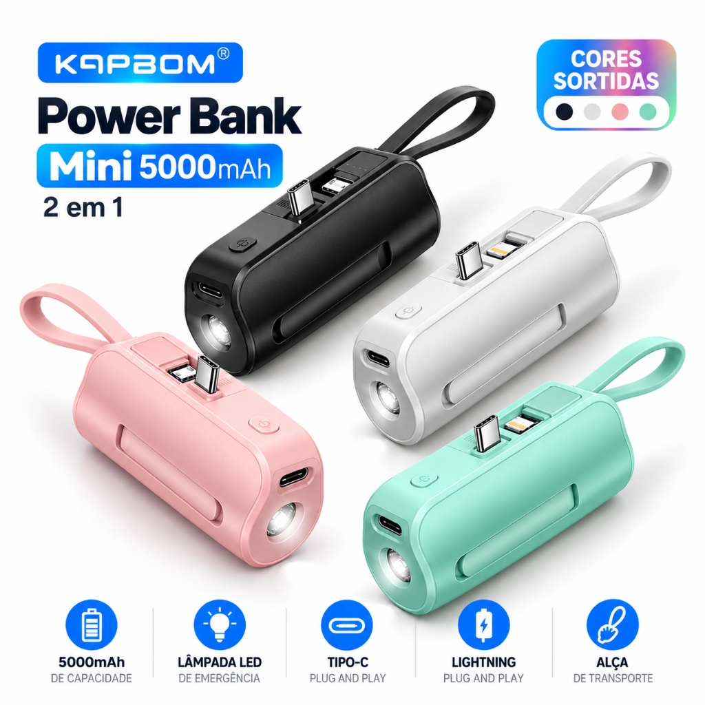 Power Bank 5000mAh Mini 2 em 1 com Lanterna LED Tipo-C Lightning Kapbom KA-9788
