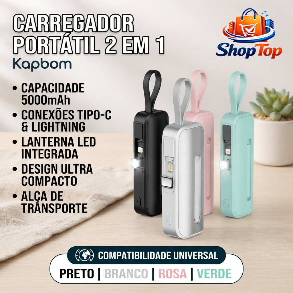 Power Bank 5000mAh Mini Portátil 2 em 1 Tipo-C Lightning com LED Kapbom KA-9788
