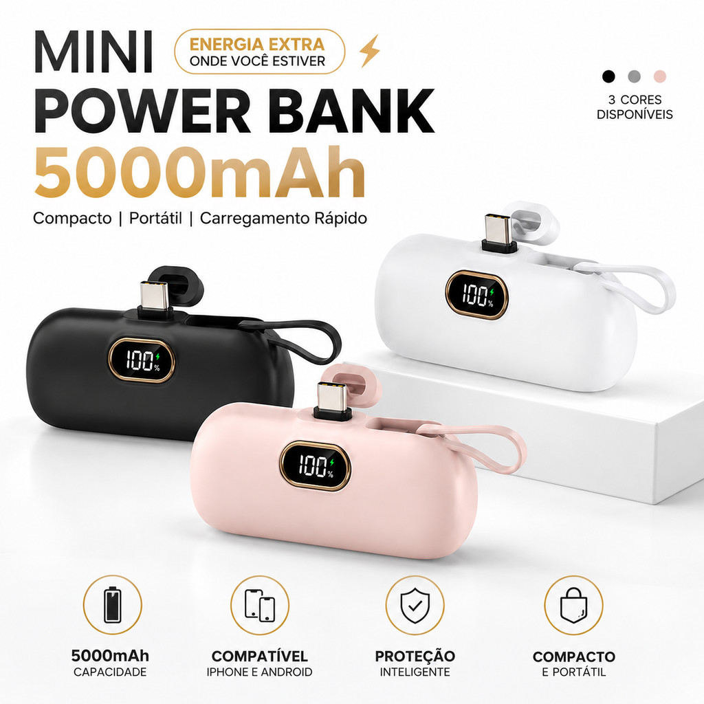 Mini Power Bank 5000mAh USB-C Lightning iPhone Android Portátil Compacto