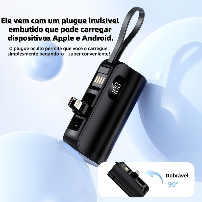 Mini carregador portátil Power Bank de 5000mAh com bateria sem fio, carregador 2 em 1 para iPhone e USB-C.