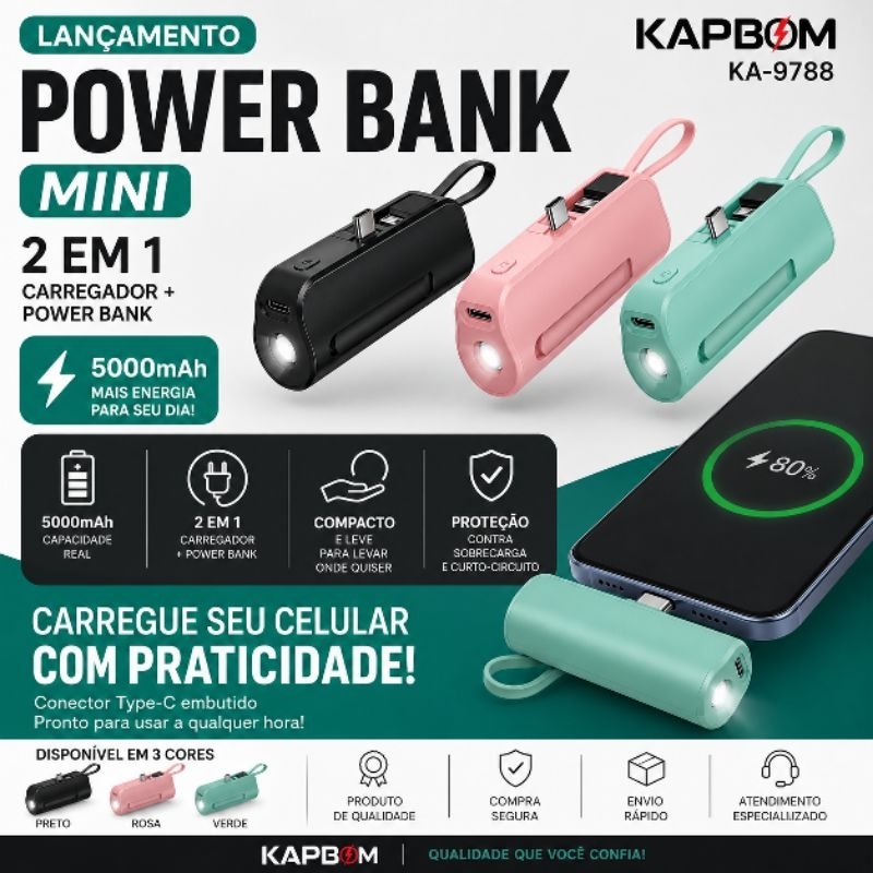 Carregador Portátil Power Bank Mini 5000mAh 2 em 1 Kapbom KA-9788