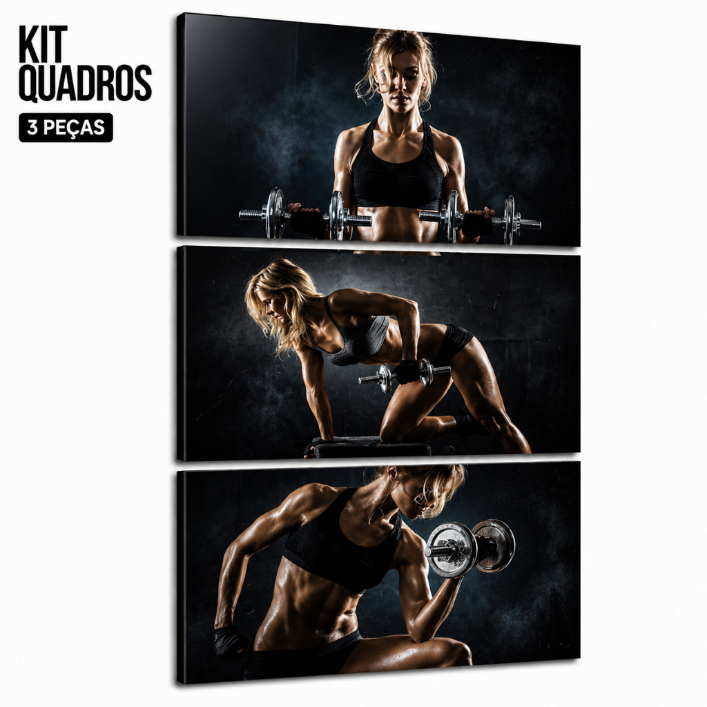 Quadro Decorativo Sala Academia Mulher Academia Fitnnes Malhação Cros Fit 3 Peças Vertical  Decoração Grande Academia