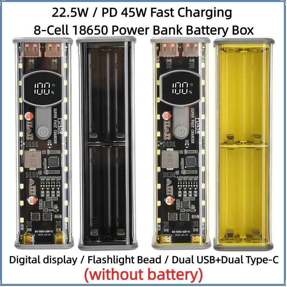 FAYSHOW 8x18650 Power Bank , PD 22.5W 45w USB + Caixa De Armazenamento De Porta Tipo C , DIY Transparente