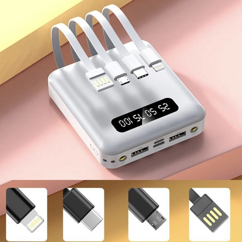 Carregador Portátil 10000mah com 4 cables de carga rápida Banco de energía digital LED