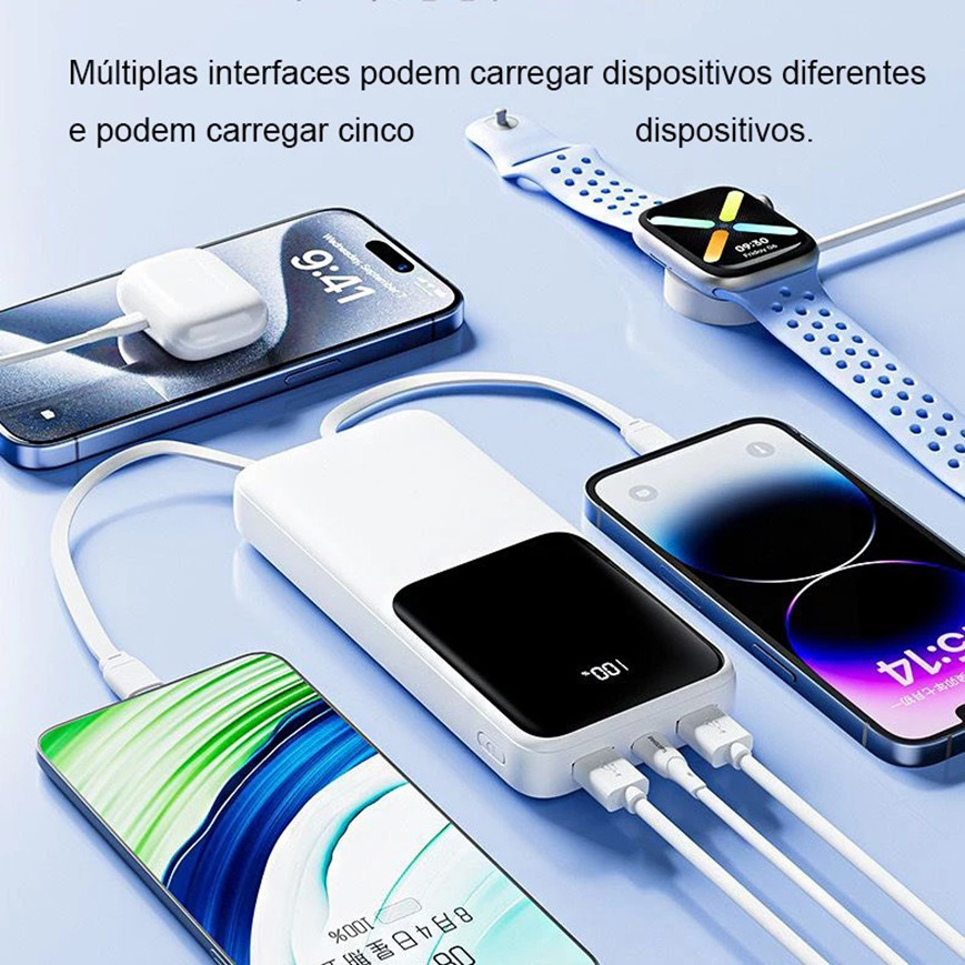 Carregador Portátil 10000mah con 2 cables de carga rápida Banco de energía digital LED