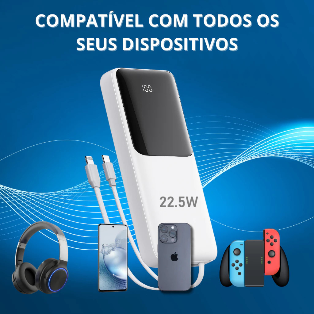 Carregador Portátil 10000mah con 2 cables de carga rápida Banco de energía digital LED