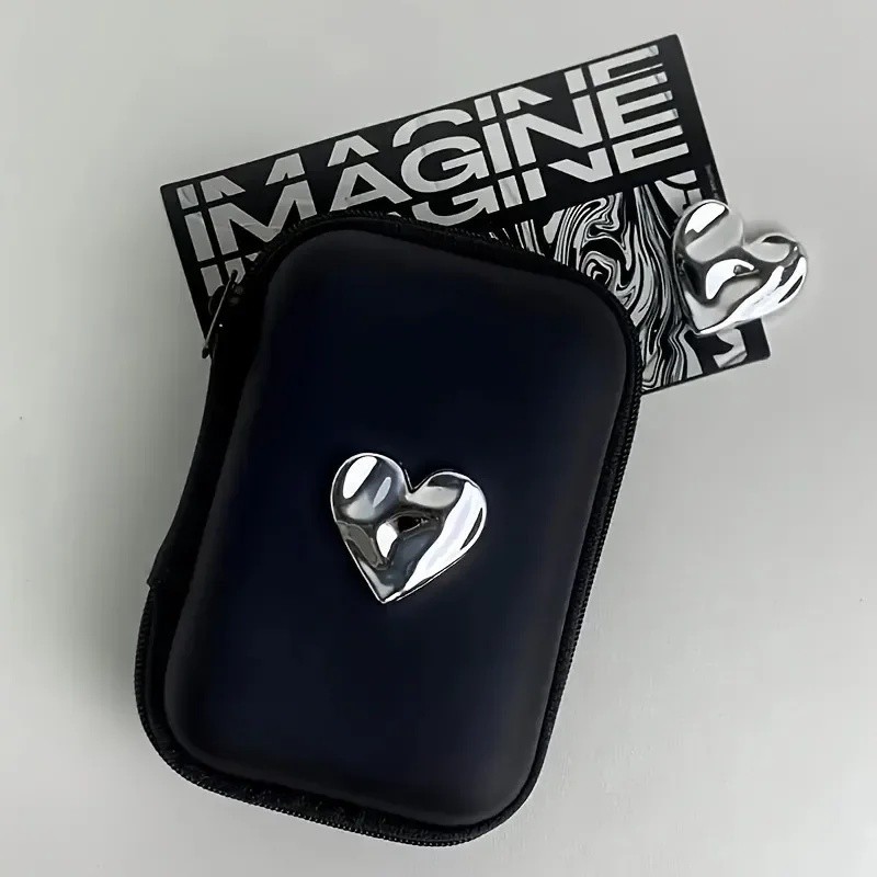 3D Galvanizado Rosa en Coração Fone De Ouvido Cabo Dados Sacos Armazenamento Carregador Power Bank Retangular Caixa Zípe