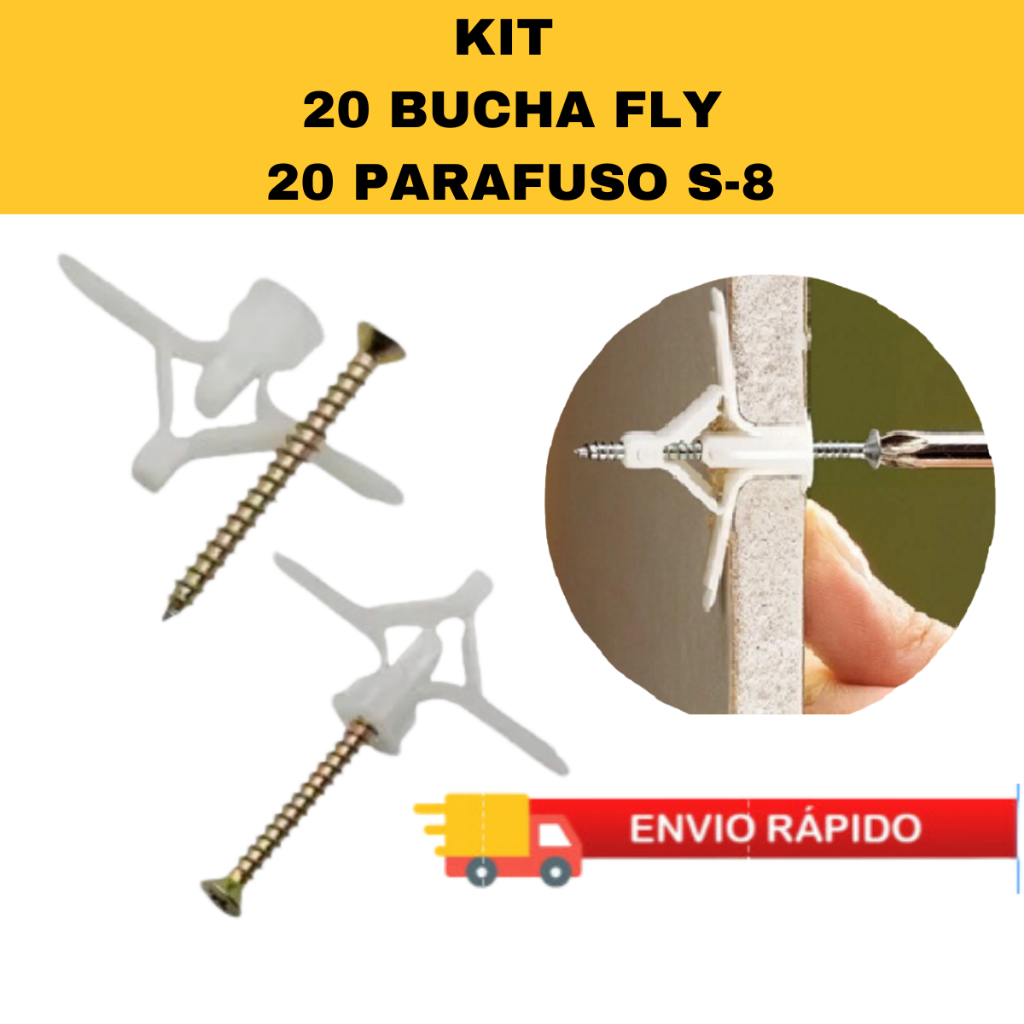 20 Bucha Fly 2  C/ Aba Forro Gesso Dry Wall  + 20 Parafusos philips 8mm