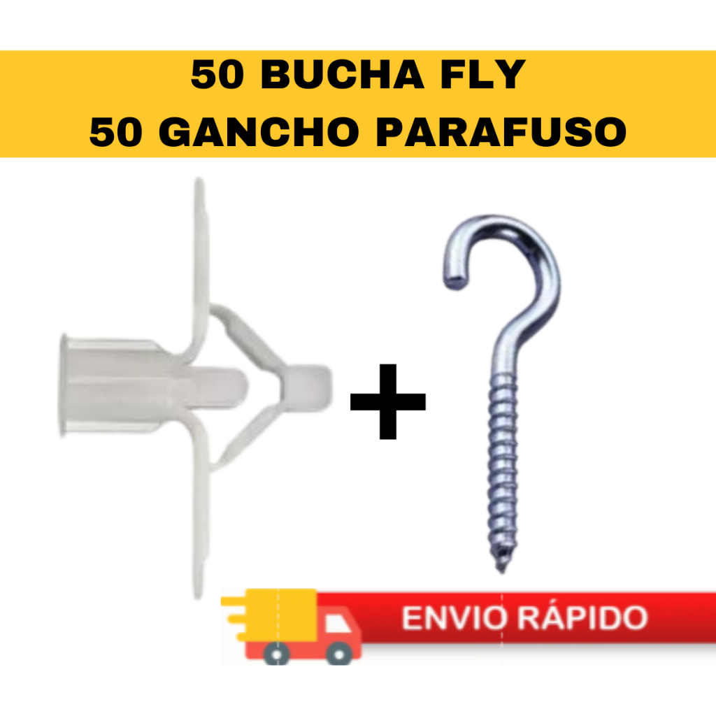 kit 50 Bucha Fly 2 C/ Aba para Forro Gesso Dry Wall 50 Gancho Parafuso Zincado