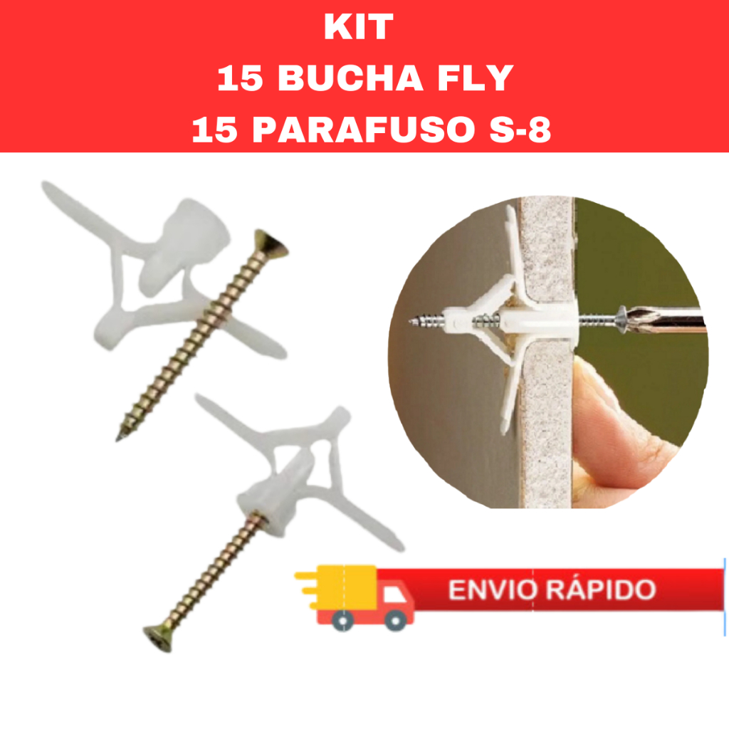kit 15 Bucha Fly 2  C/ Aba Forro Gesso Dry Wall  +  15 Parafusos