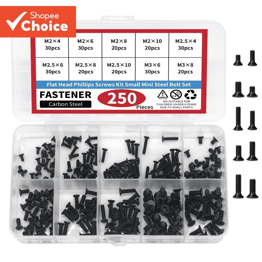 Um Conjunto De 250 Peças Kit De Parafuso Phillips De Cabeça Plana Escareada , M2 M2.5 M3 Mini Parafusos De Aço Para Repa