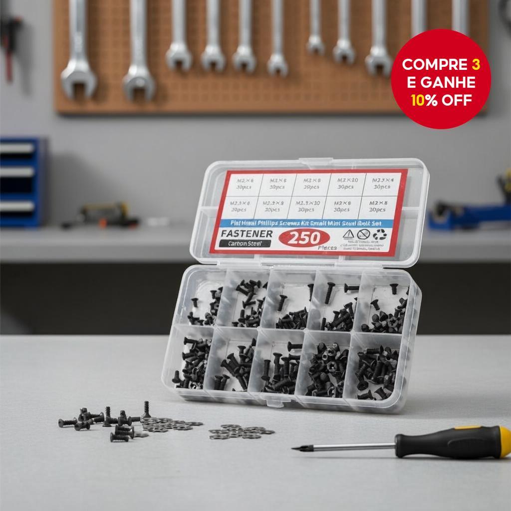 250PCS Coleção de Parafusos Phillips com Cabeça Chata Escareada - M2/2.5/3 Mini Parafusos de Aço para Reparo de