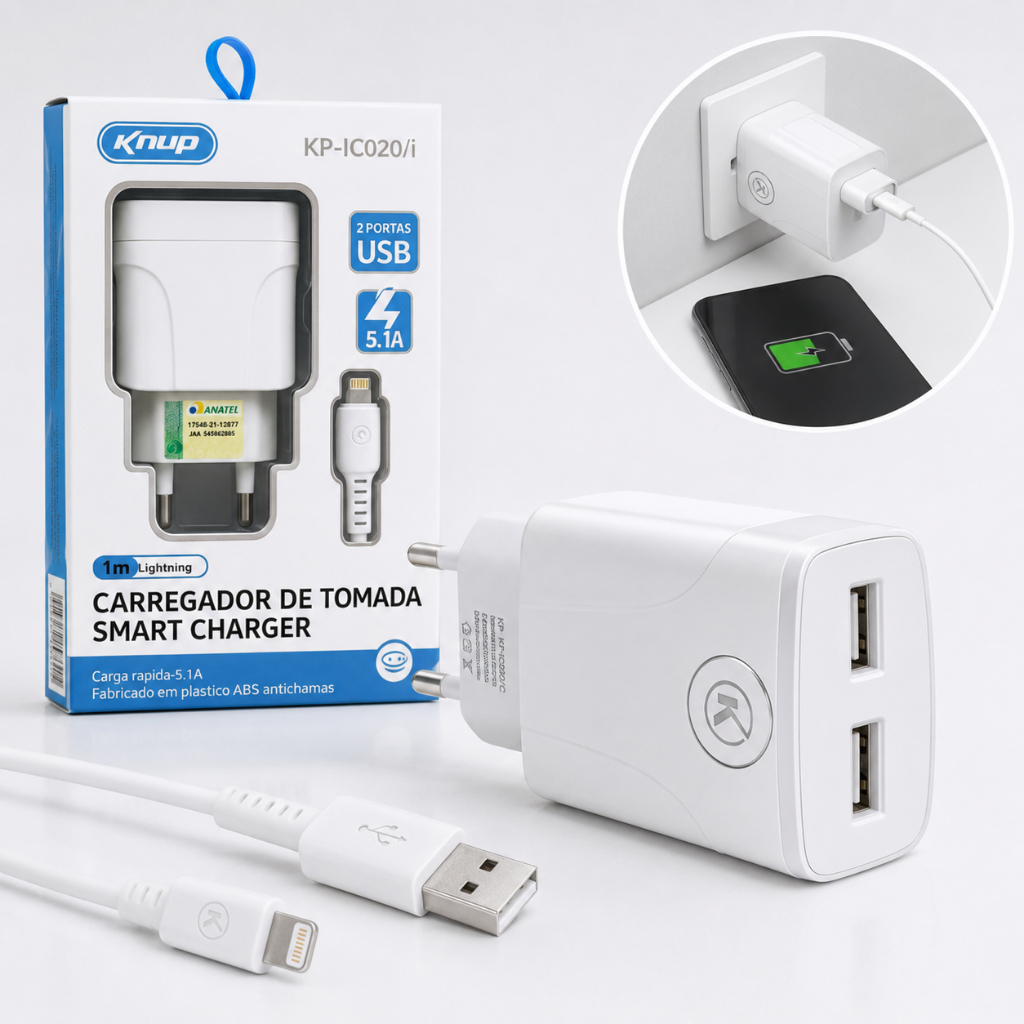 Carregador Rápido Celular 5.1A 2 USB com Cabo 1M Lightning ou Tipo C Envio Rápido