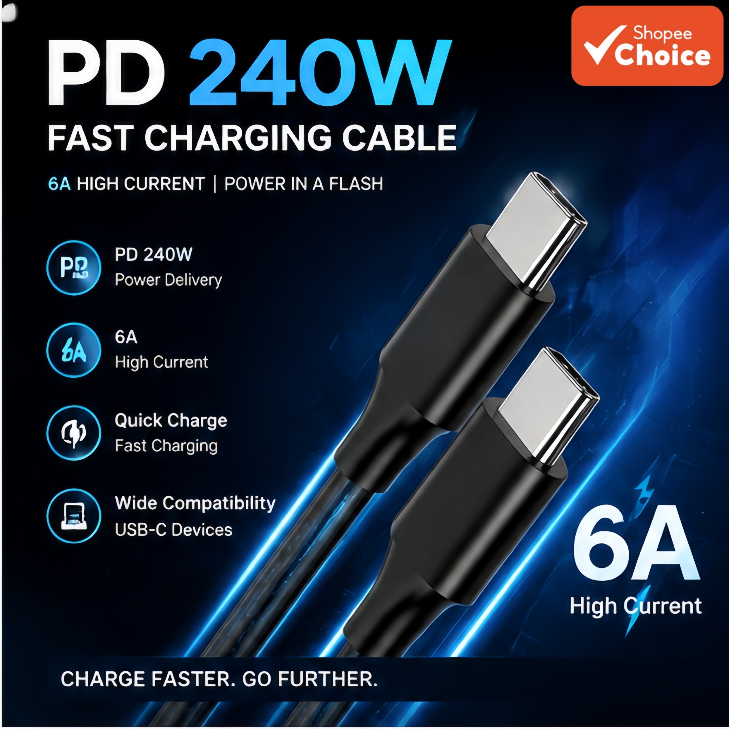 Cabo de Carregamento Super-Rápido USB-C Gaming 240W 6A para Samsung, iPhone, Xiaomi, Huawei