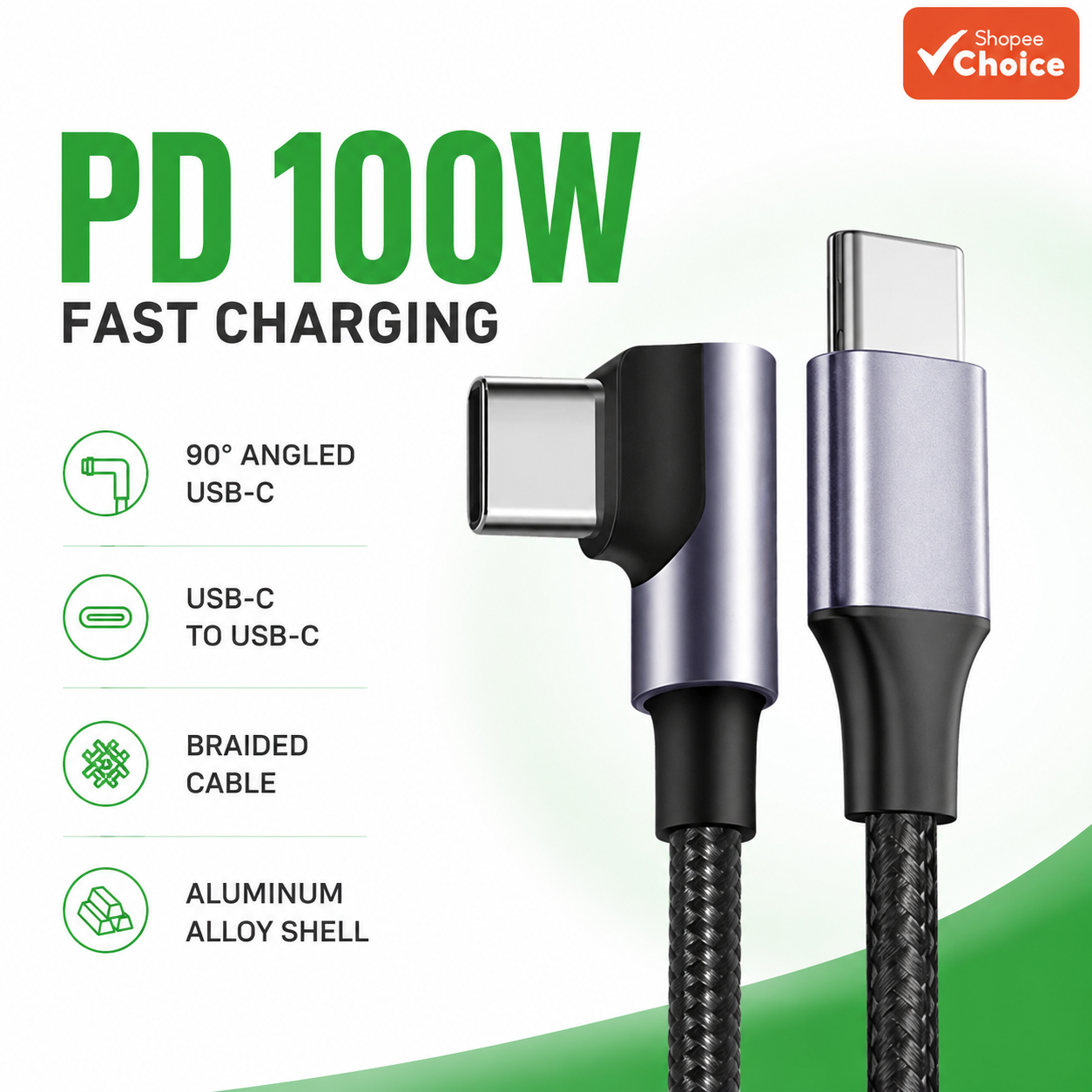 Cabo de Carregamento Rápido USB-C Gaming 100W 90° com Cordão Trançado e Liga de Alumínio Para iPhone Samsung Xiaomi