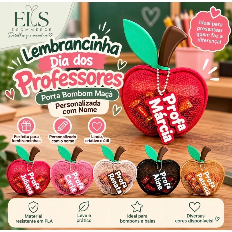 Chaveiro Maçã Porta-Moedas Personalizado com Nome – Lembrancinha Dia dos Professores