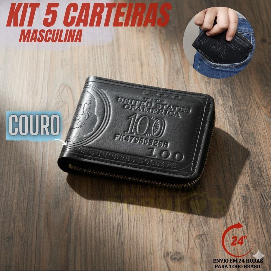 Kit 5 Unidades Carteira Masculina Preta Com Zíper Porta Moedas Cartão
