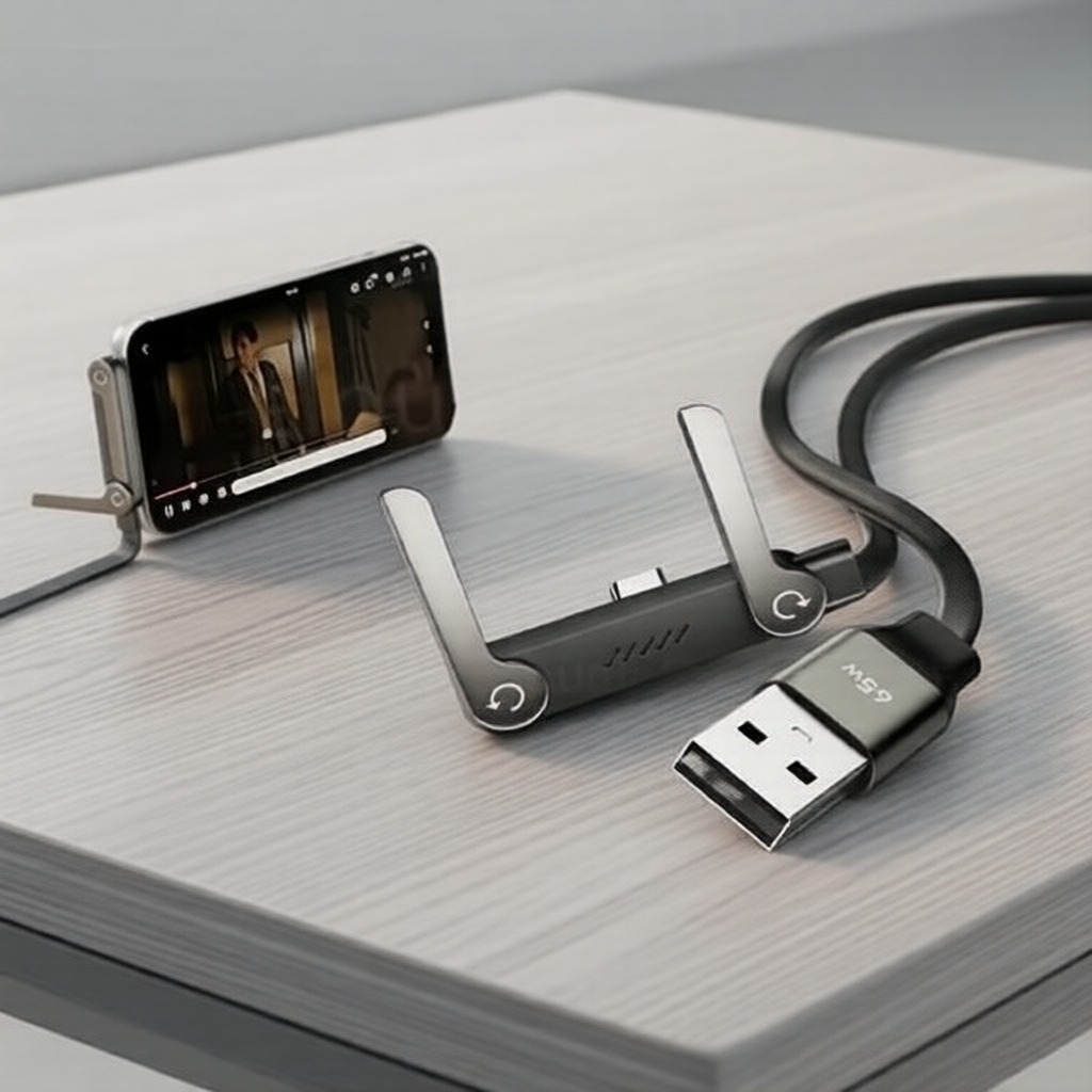 Cabo de carregamento rápido 2 em 1 de 65W com suporte para celular e USB-C