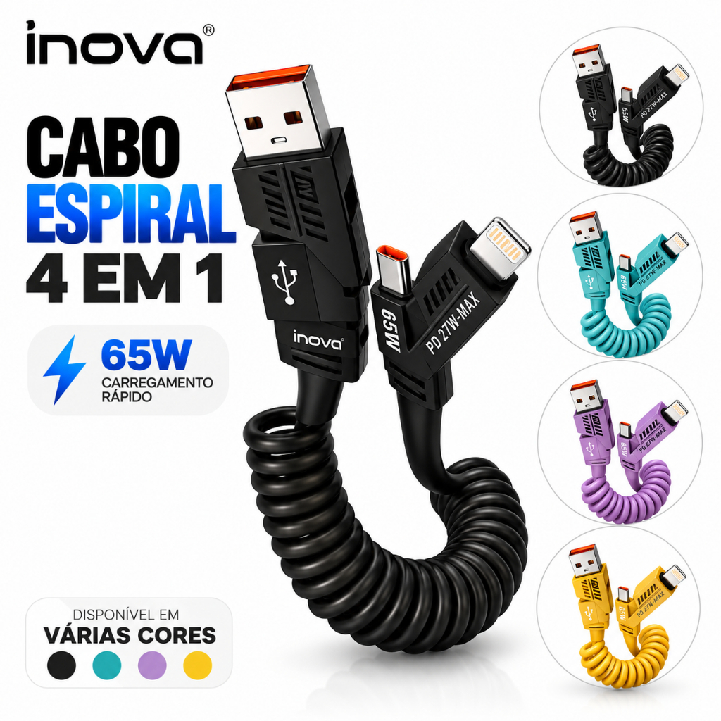 Cabo Carregador Espiral 4 Em 1 Inova USB C Lightning 65W Emborrachado