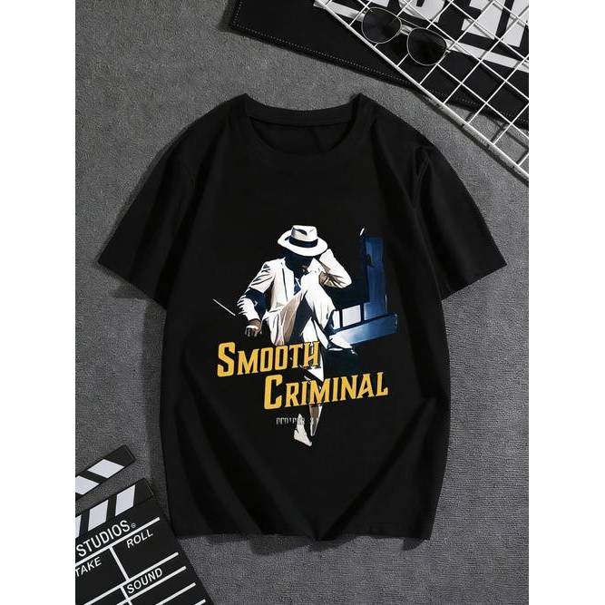 Camiseta Black Crew Neck Smooth Criminal Print Estilosa Moderna Confortável Tendência Verão
