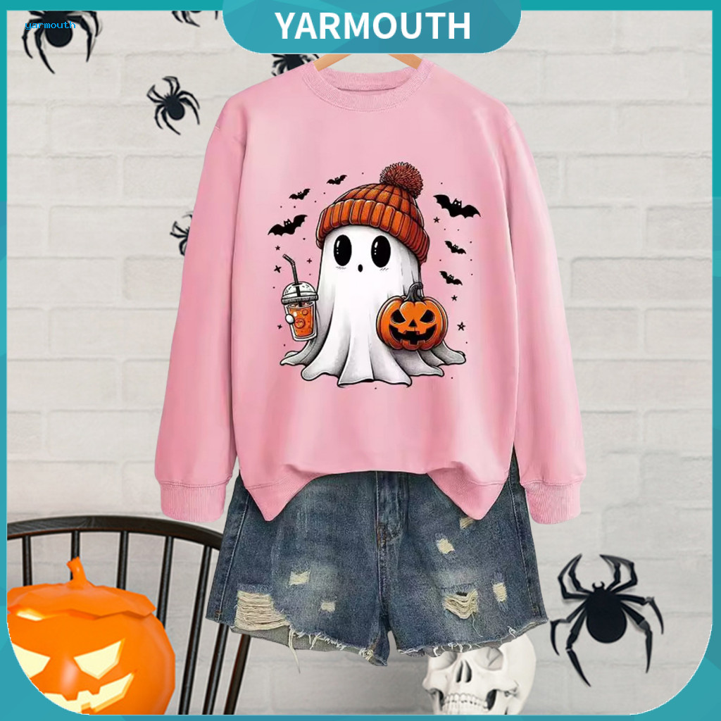 Ghost Sweatshirt Women’s Halloween Pumpkin Bat Print Crew Neck Long Sleeve Pullover Top Wear Commuting Sport Comfortab