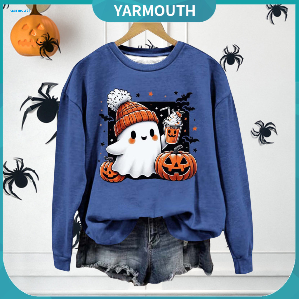 Pumpkin Bat Print Sweatshirt Women’s Halloween Cartoon Ghost Crew Neck Long Sleeve Pullover Top Casual Wear Commuting