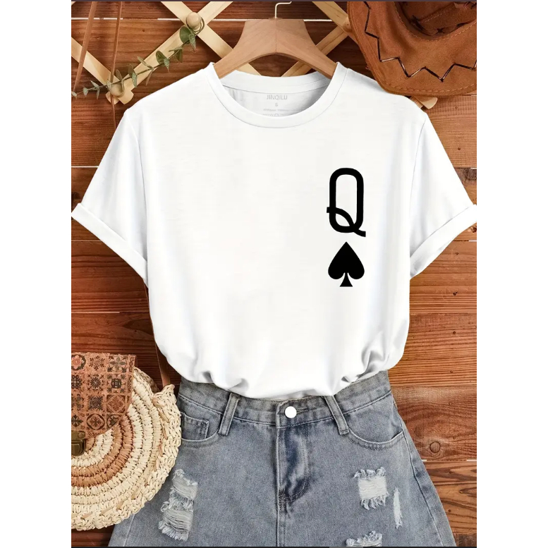Camiseta Poker Q Print Crew Neck, Camiseta Casual de Manga Curta para Primavera e Verão, Roupas Femininas