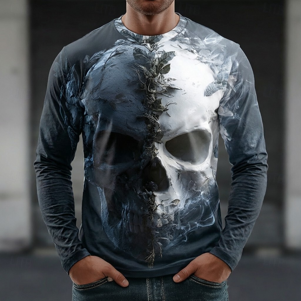 Camiseta Masculina De Manga Comprida 3D Split Skull Vine Leaf Smoke Print Crew Neck Gótico Halloween Casual Tops