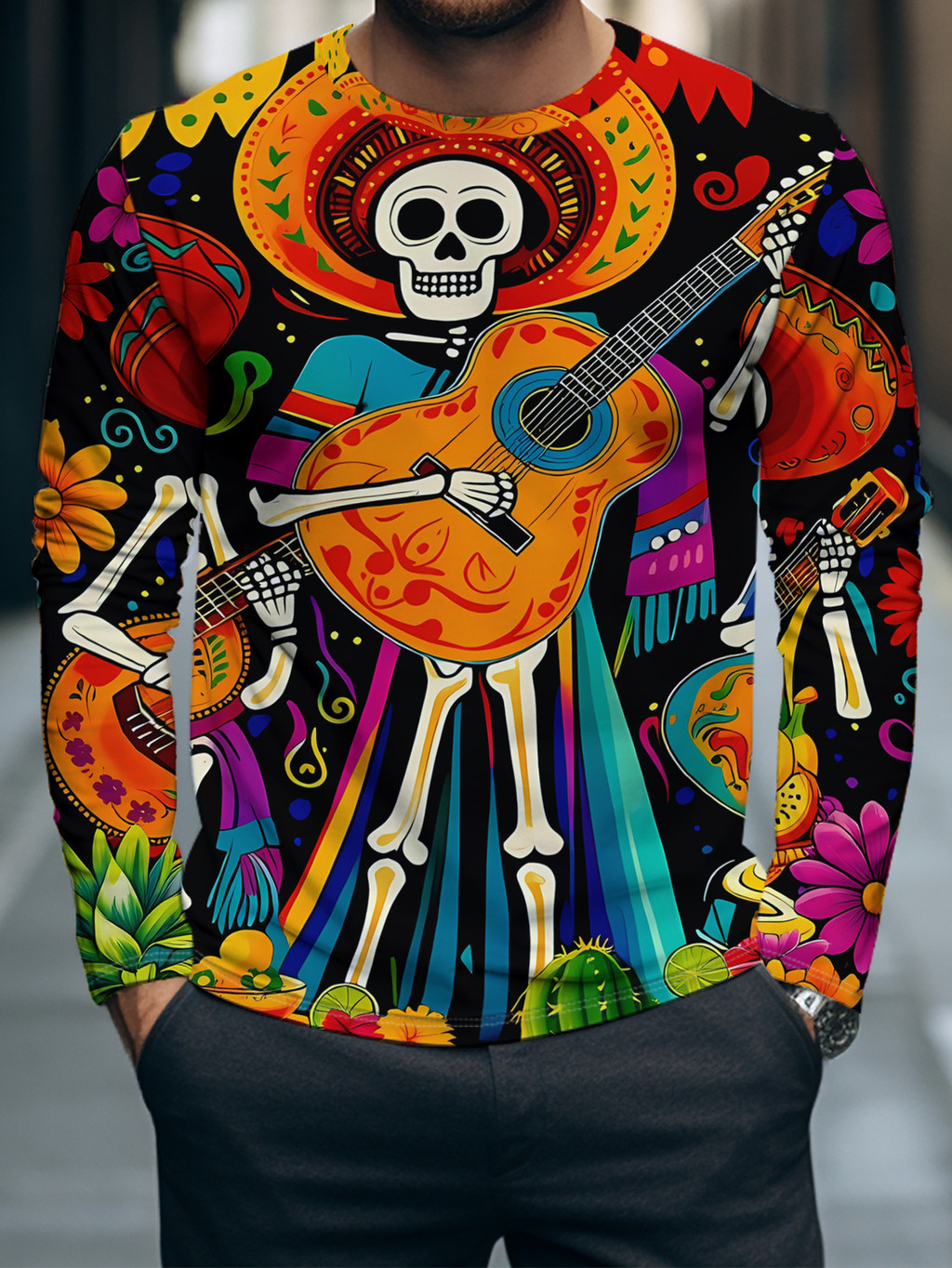 Camiseta Masculina De Manga Comprida Day Of The Dead Skeleton Guitar Floral Print Crew Neck Colorido Casual Party Tops