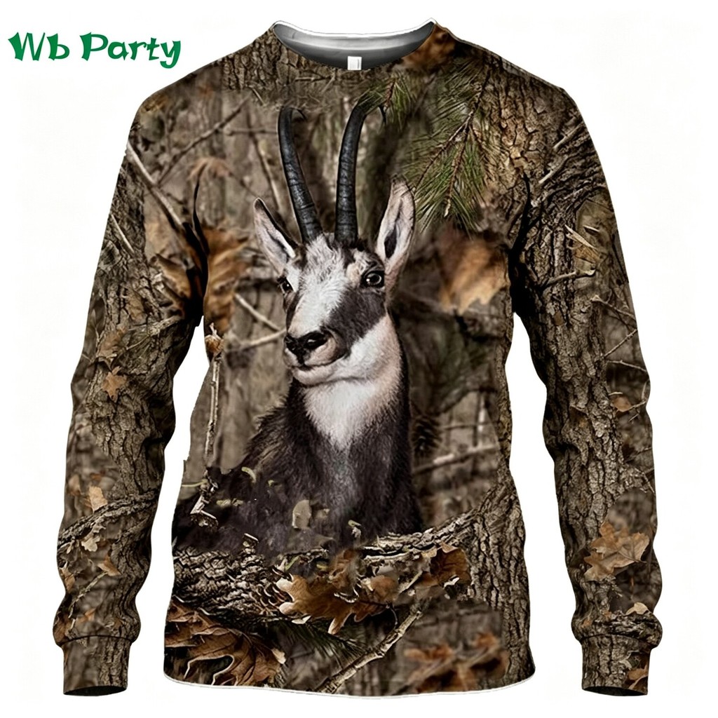 Moletom Masculino De Manga Comprida 3D Camo Wild Animal Print Crew Neck Caça Outdoor Casual Pulôver Top
