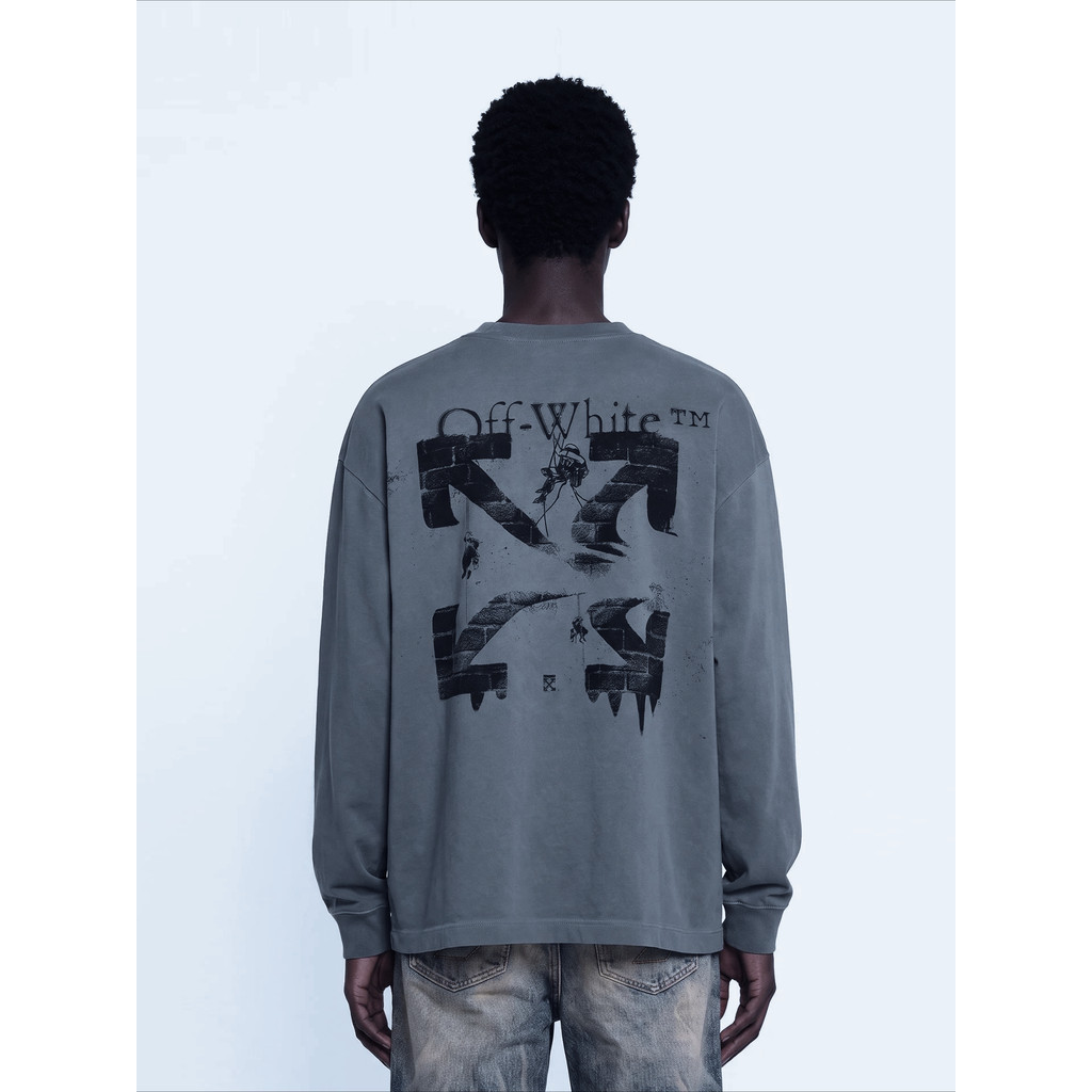OFFWHITE High Street Wind Brick Wall Arrow Graffiti Back Print Camiseta De Manga Comprida Art Crew Neck Tops Masculinos